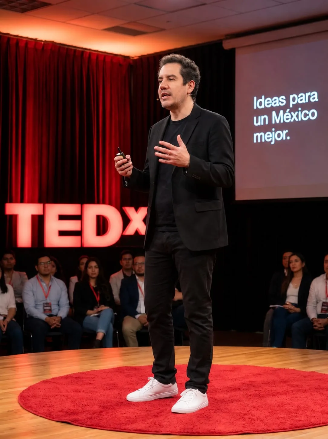 Edson Noyola dando una charla TEDx sobre el escenario, ante público sentado